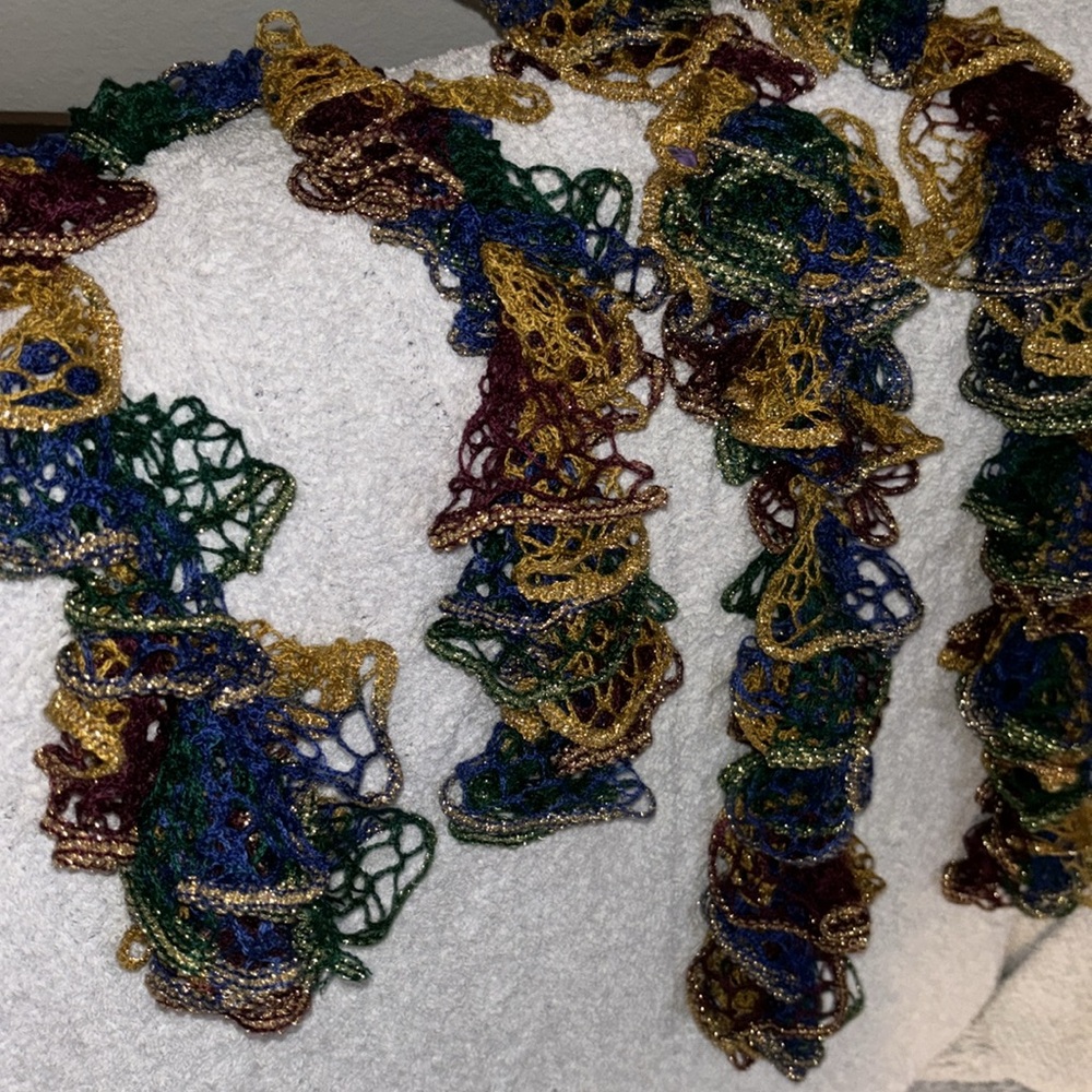 2 scarves handmade larger is ~64” sm ~34-36” yellow gold, blue green